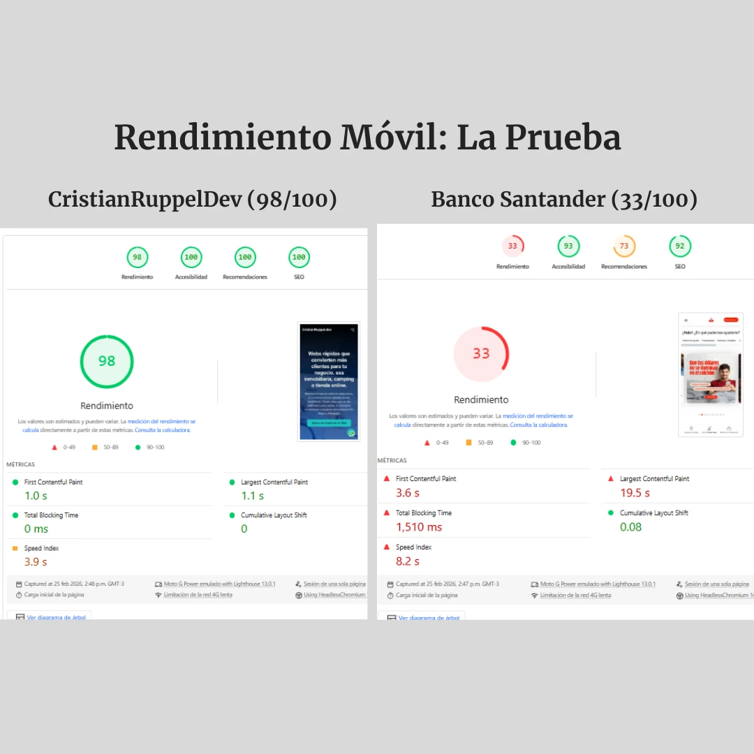 Comparativa de rendimiento móvil: Mi sitio 98/100 vs un competidor con 55/100