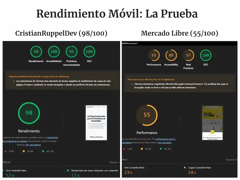 Comparativa de rendimiento móvil: Mi sitio 98/100 vs un competidor con 55/100
