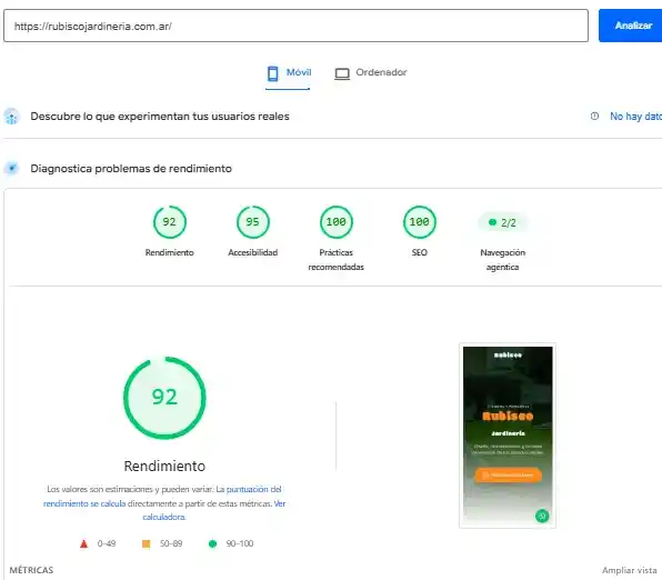 Auditoría de rendimiento de Rubisco Jardinería en Google PageSpeed